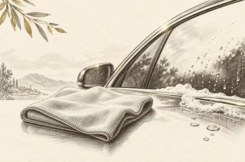 Gravur von Reinigungstuch, Schaum und Wassertropfen an einem Autofenster
