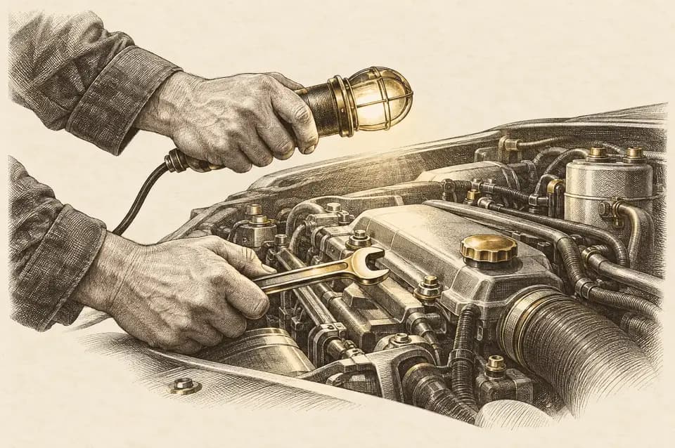 Gravur von Inspektionslampe, Motorbauteil und Schraubenschlüssel