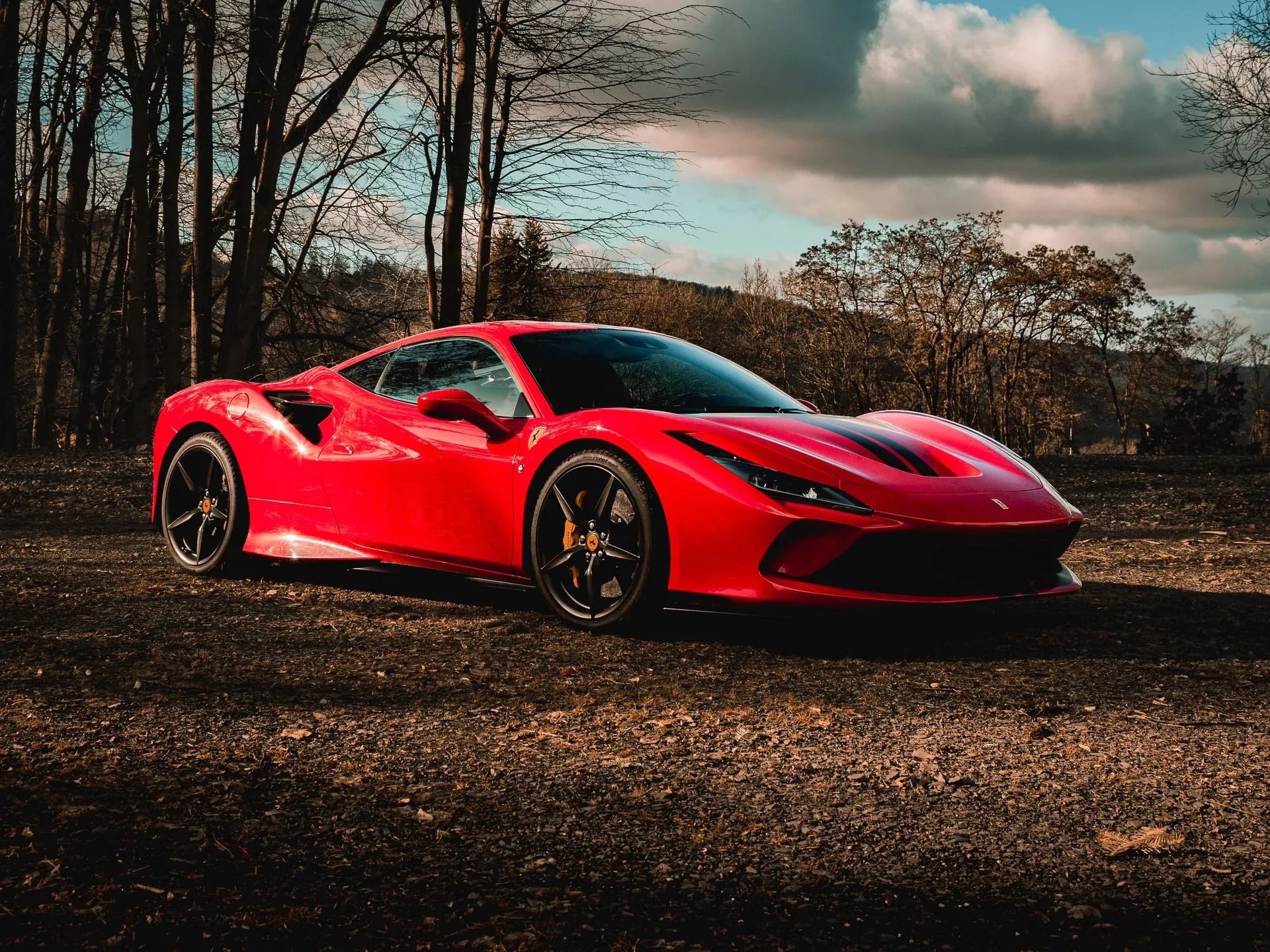 Roter Ferrari vor einer Baumkulisse